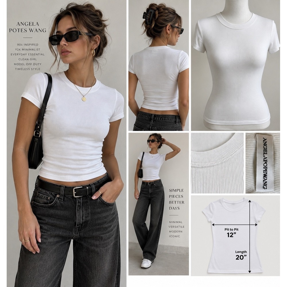 Angela Potes Wang White Ribbed Baby Tee Y2K 90s Fitted Minimalist Clean Fitted